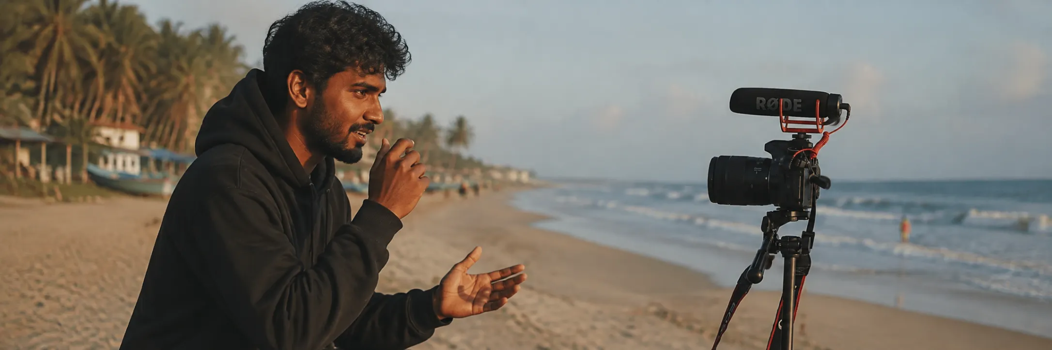 A content creator speaking to a camera on a tripod on a beach at sunrise