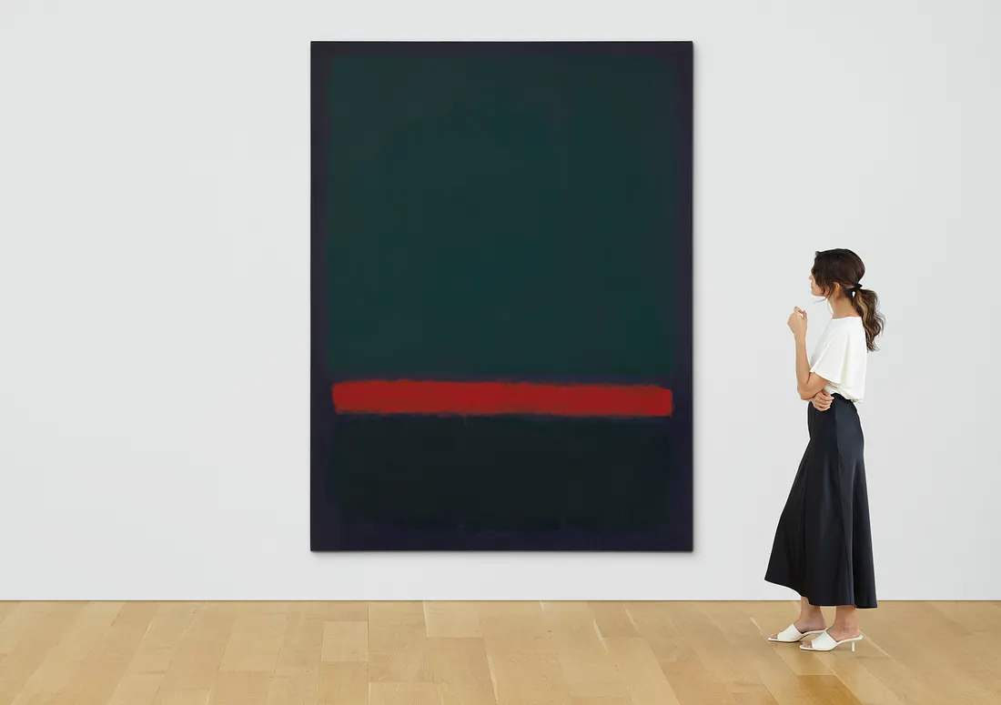 A viewer before a large dark Rothko-style painting in a gallery