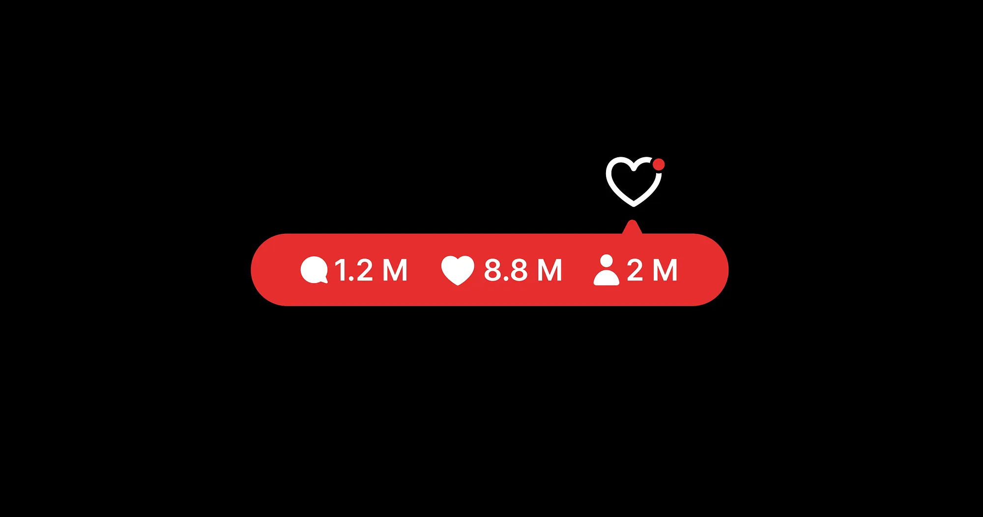 A red social engagement badge showing millions of comments, likes and followers