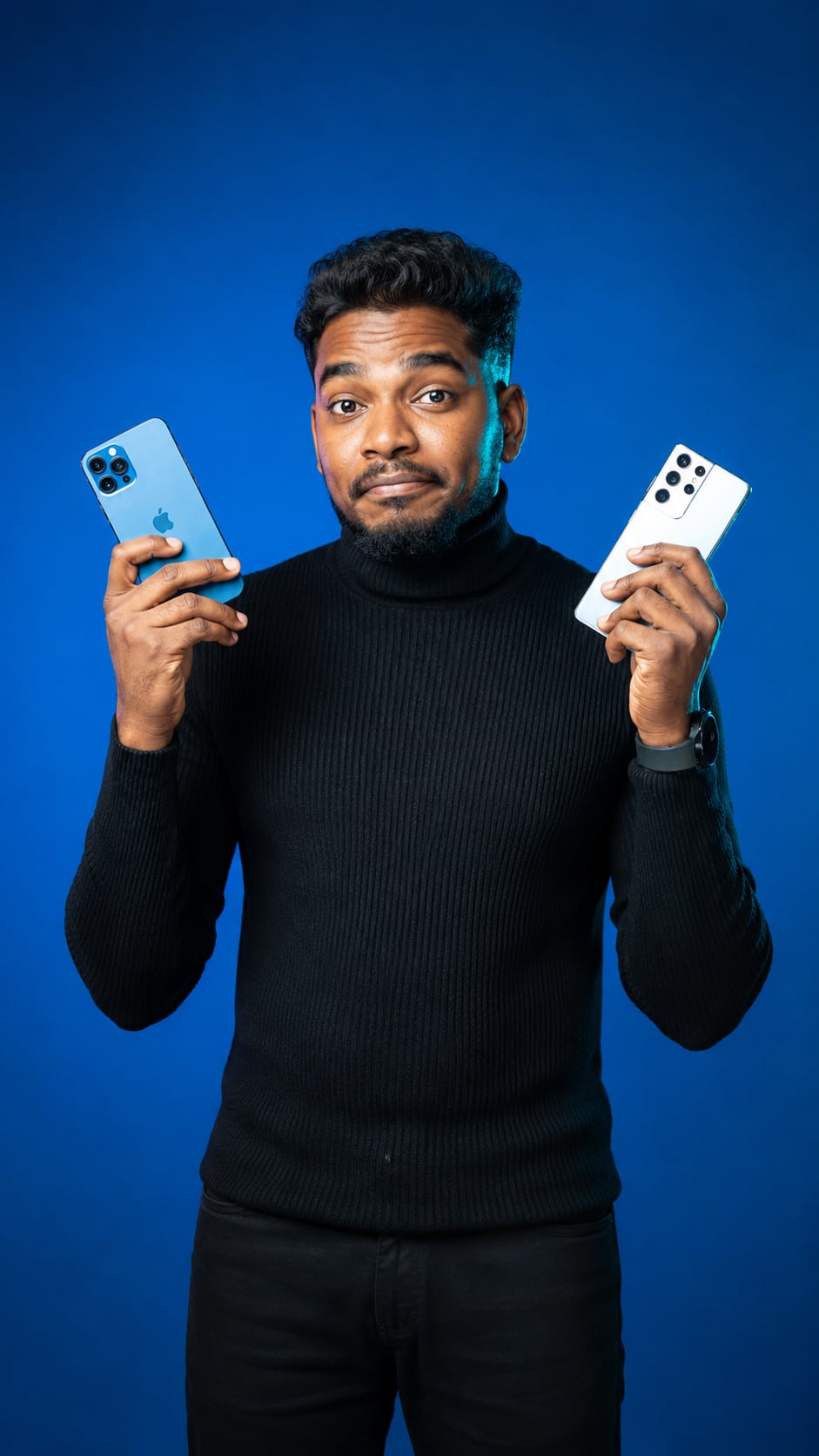 A creator comparing two smartphones to camera.