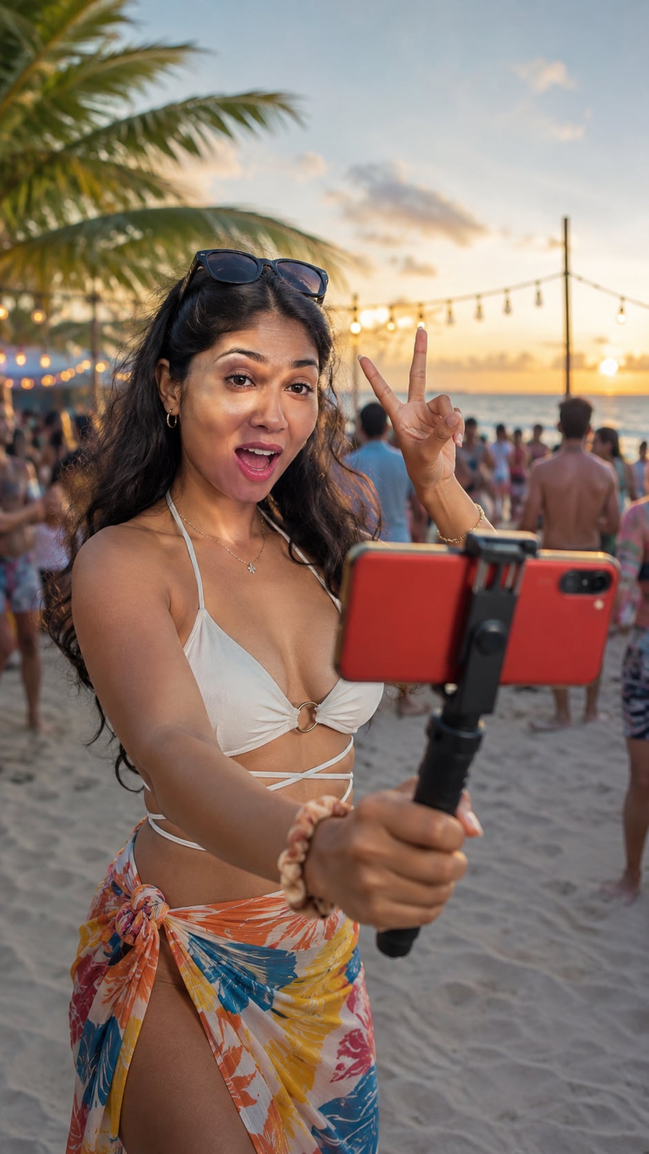 A creator taking a selfie video at a beach party.