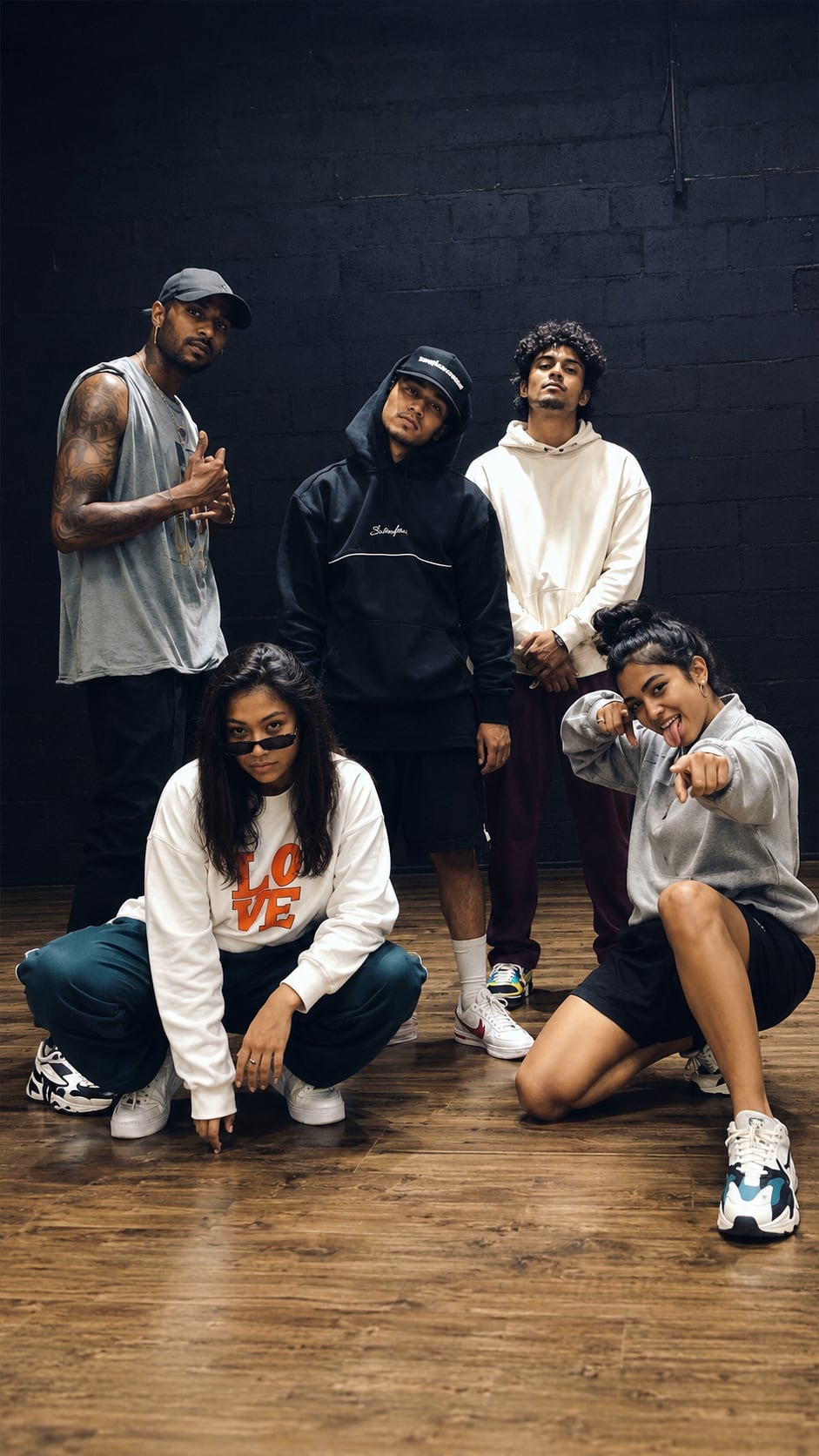 A group of dancers posing together in a studio.